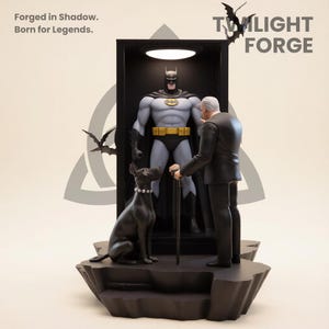 Peut inclure: Une figurine de Batman dans une vitrine avec une figurine d'Alfred Pennyworth et un chien noir. L'affichage présente le texte "Twilight Forge" et "Forged in Shadow. Born for Legends."