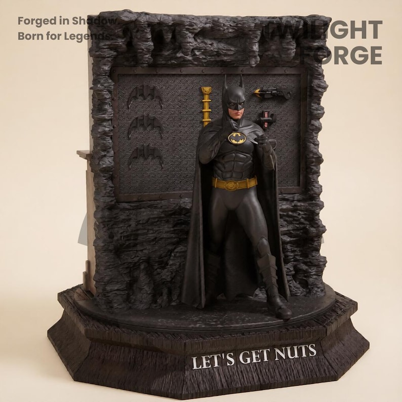 May include: A black Batman figurine stands in front of a dark, textured backdrop. The figure wears a black suit with a yellow belt and bat symbol. The base reads "LET'S GET NUTS". The backdrop has bat symbols and the text "NIGHT FORGE".