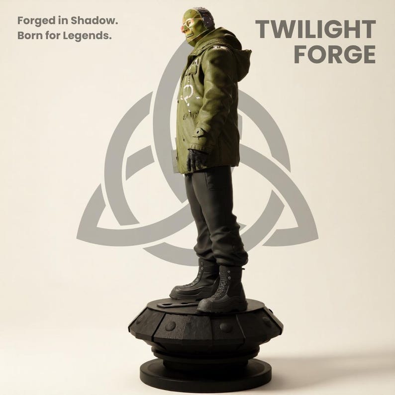 May include: A figurine of a character in a green jacket, black pants, and boots, standing on a black base. The figure has a mask and is set against a light background with the text "TWILIGHT FORGE" and "Forged in Shadow. Born for Legends."