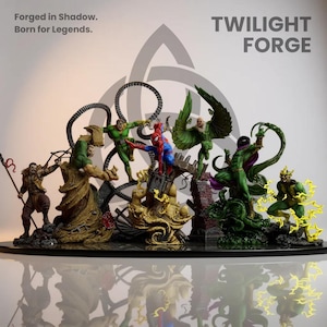May include: A display of superhero figurines, featuring Spider-Man and Doctor Octopus, among others, in action poses. The figurines are set against a backdrop with the text "TWILIGHT FORGE" and the phrase "Forged in Shadow. Born for Legends."