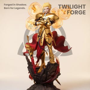 May include: A golden figurine of a character in ornate armor, with a red cape and a sword. The figure stands on a rocky base with a swirling energy effect behind it. Text on the image reads "Forged in Shadow. Born for Legends." and "TWILIGHT FORGE."