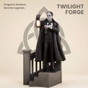 May include: A black and white statue of a figure from the Twilight Forge collection, holding a lantern. The figure is dressed in a black coat, suit, and bow tie, standing on a stone staircase. The text "Forged in Shadow. Born for Legends." and "TWILIGHT FORGE" are visible.