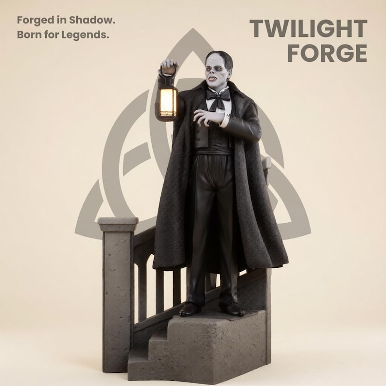 May include: A black and white statue of a figure from the Twilight Forge collection, holding a lantern. The figure is dressed in a black coat, suit, and bow tie, standing on a stone staircase. The text "Forged in Shadow. Born for Legends." and "TWILIGHT FORGE" are visible.