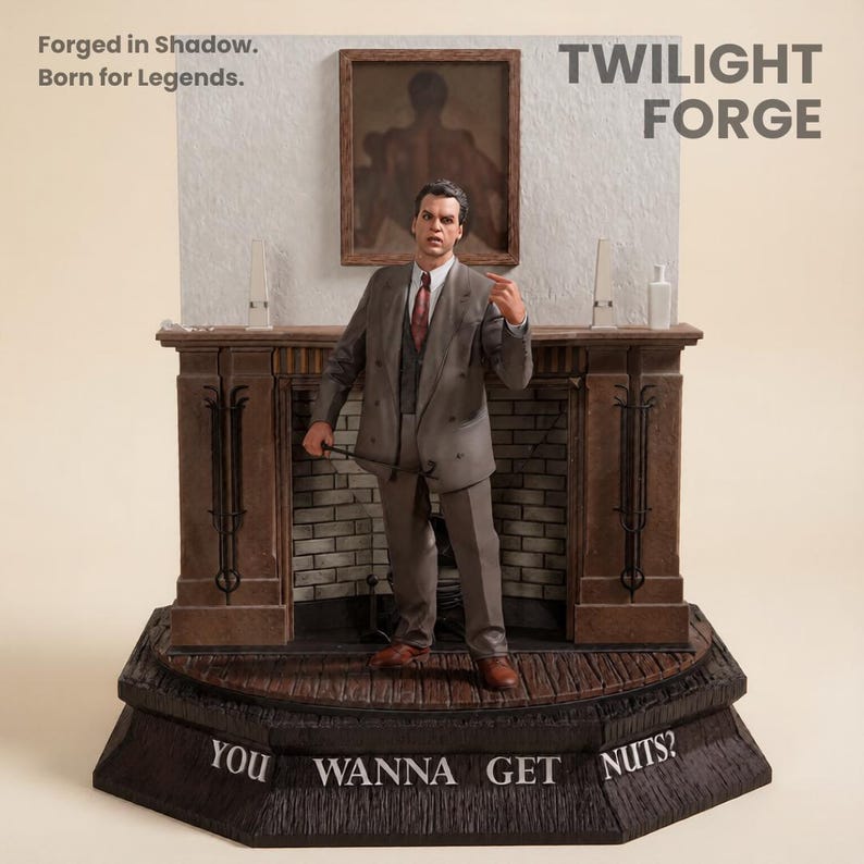 May include: A detailed figurine of a man in a gray suit, standing in front of a fireplace. The figurine has the text "TWILIGHT FORGE" and "YOU WANNA GET NUTS?" on the base. The words "Forged in Shadow. Born for Legends." are also visible.