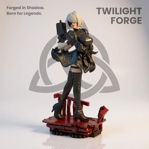 May include: A detailed figurine of a female character in a black outfit, holding a weapon, and wearing a blindfold. The figurine stands on a red platform. Text on the image reads "Forged in Shadow. Born for Legends." and "TWILIGHT FORGE."