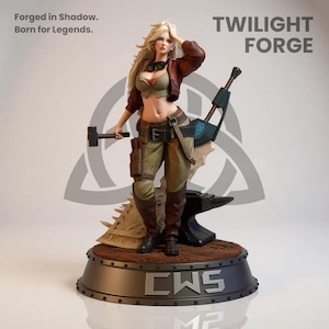 May include: A detailed figurine of a female character from "Twilight Forge" holding a hammer and a weapon. The figure is wearing a brown jacket, green pants, and boots. The base has the letters "CWS" and the words "Forged in Shadow. Born for Legends."
