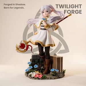 Puede incluir: Figura de un personaje femenino de anime de "Twilight Forge" sosteniendo una flor y un bastón. Viste un vestido blanco con ribetes dorados, leggings negros y botas marrones. La base presenta flores y una maleta. El texto dice "Forged in Shadow. Born for Legends."