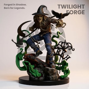 May include: A detailed statue of a scarecrow figure with a menacing expression, wearing a tattered hat and denim pants. The figure is holding a scythe and is surrounded by crows and green, swirling accents. The text "TWILIGHT FORGE" is visible.