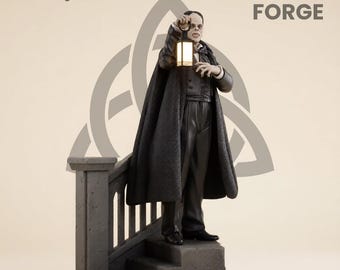 May include: A statue of a figure in a black cape holding a lantern, standing on a stone staircase. The figure is dressed in a black suit and has a pale complexion. The words "Twilight Forge" are displayed above the figure.