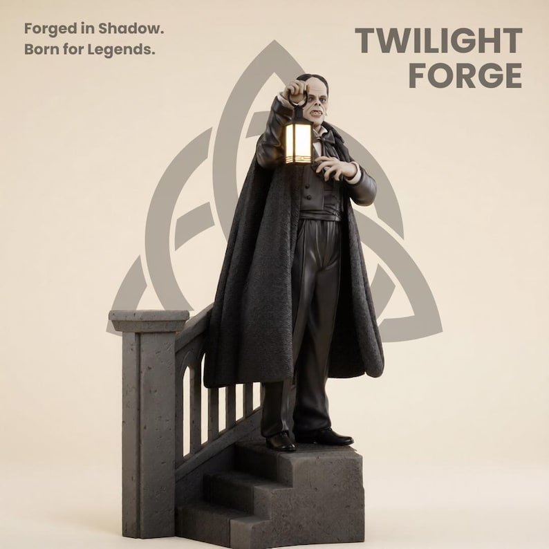 May include: A figurine of a person in a black cape holding a lantern, standing on a stone staircase. The figure is wearing a black suit and has a pale complexion. The words "Twilight Forge" are displayed above the figure.