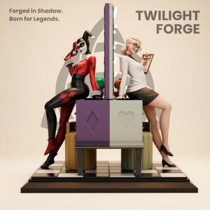 May include: A statue featuring two figures, one in a red and black harlequin costume and the other in a white blazer and glasses. The figures are seated on a decorative structure with a purple and green design. The text "TWILIGHT FORGE" is visible.