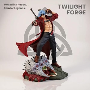 Puede incluir: Figura de acción detallada de un personaje con cabello azul, vistiendo un abrigo rojo y pantalones negros, sosteniendo una pistola y una espada. La figura está sobre una base de monstruo. El texto "TWILIGHT FORGE" es visible.