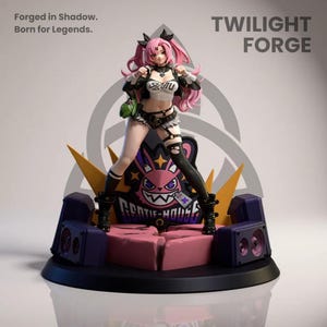 Puede incluir: Figura detallada de un personaje de anime femenino con cabello rosado, vestida con un atuendo blanco y negro y botas negras. La figura se encuentra sobre una plataforma con el texto "Gentle-House" y "Twilight Forge". El fondo incluye el texto "Forged in Shadow. Born for Legends."