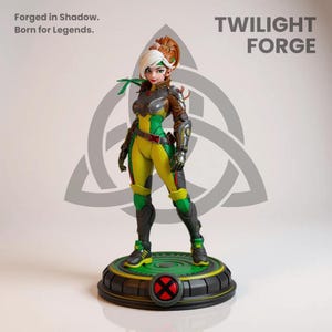 Op de afbeelding: Een beeldje van een vrouwelijk personage in een geel en groen bodysuit, met bruine en zilveren accenten. Het beeldje staat op een ronde basis met het X-Men-logo. De tekst "Forged in Shadow. Born for Legends." en "TWILIGHT FORGE" zijn zichtbaar.