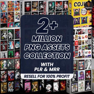 Könnte beinhalten: Eine Sammlung von Anime-Produkten, darunter Poster und Kissen, mit dem Text "2+ MILLION PNG ASSETS COLLECTION" und "RESELL FOR 100% PROFIT". Die Produkte zeigen verschiedene Charaktere und Designs.