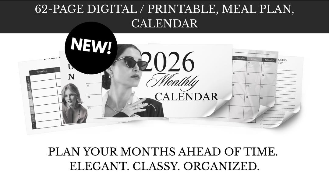 2026 Black and White Minimalist Printable Calendar + Meal Planner ...