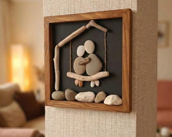 Handmade Pebble Art, Couple on Driftwood Swing, Romantic Anniversary Gift