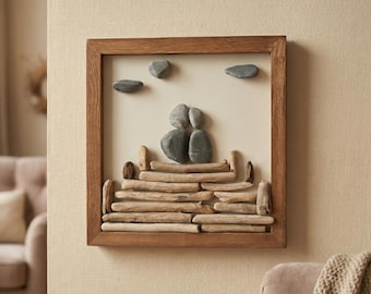 Handmade Pebble Art, Couple on Swing, Driftwood Frame, Romantic Gift