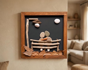 Handmade Pebble Art Couple, Driftwood Anniversary Gift, 25x25cm Framed