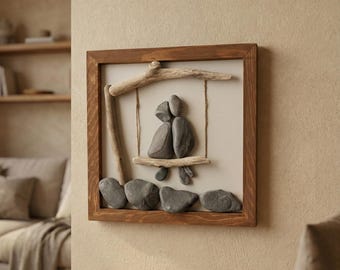 Handmade Pebble Art, Couple on Swing, Driftwood Frame, Romantic Gift