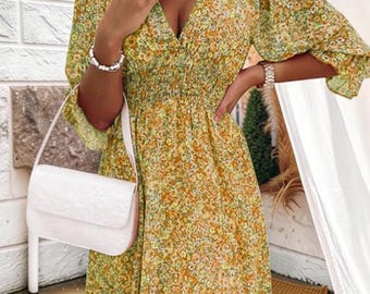 Kurzärmeliges Blumenkleid mit V-Ausschnitt, Maxikleid mit kurzen Ärmeln, Maxi-Blumenkleid, kurzes Kleidmuster