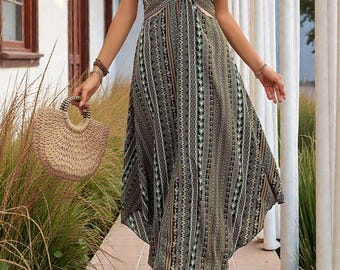 Boho Neckholder Maxi Kleid | Ethno Print Sommerkleid | Boho Kleid mit offenem Rücken | Beachresort Maxi | Festival Kleid