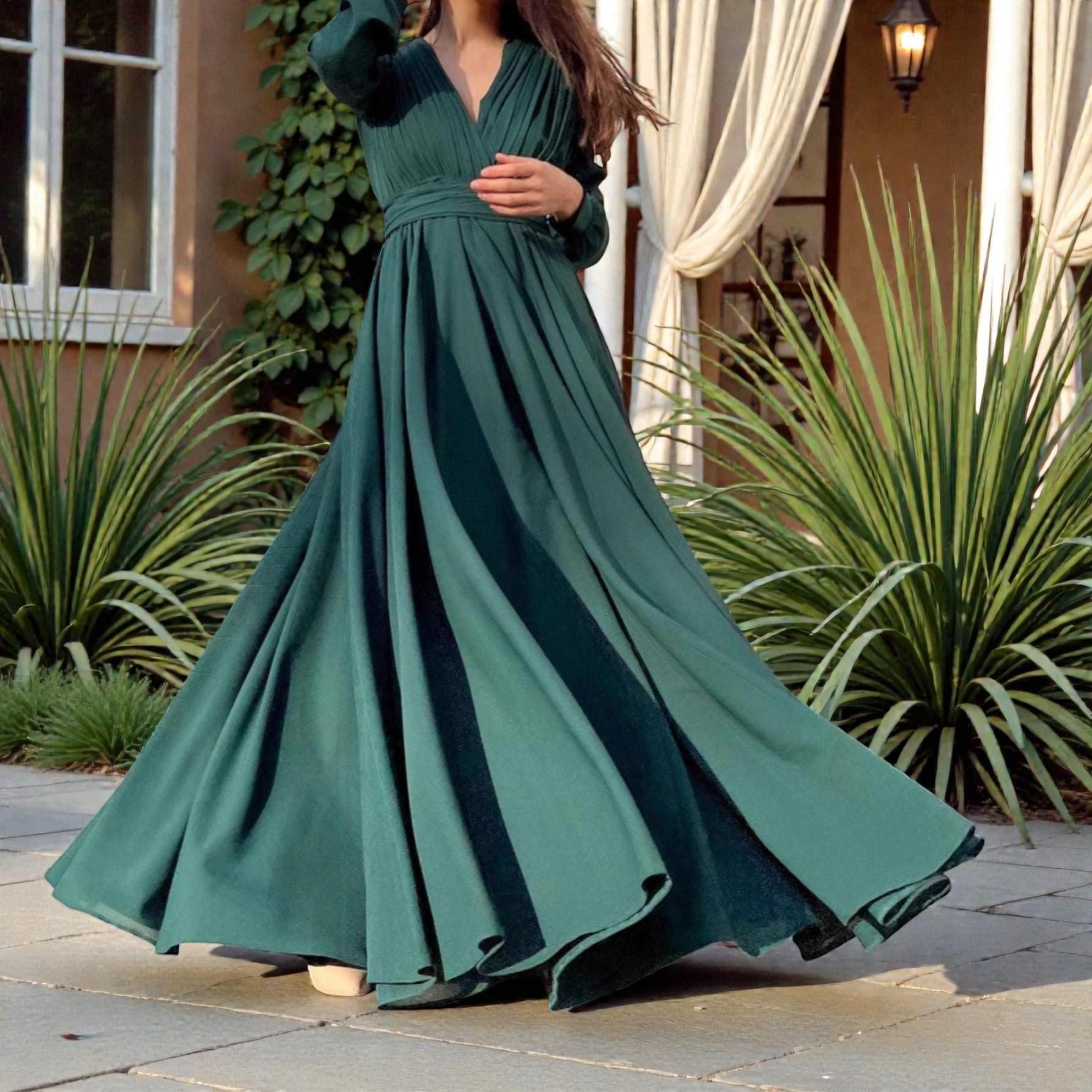 flowy green dress long Long Dark Green Bridesmaid Dresses Flowy One Shoulder Long Sleeves Floor Length Chiffon Bridesmaid Dresses