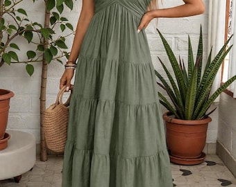 Vestido largo verde oliva con cuello halter, vestido bohemio de verano con capas, vestido de vacaciones sin espalda, vestido playero fluido, vestido largo midi romántico
