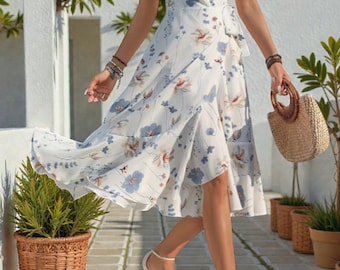 Blau Weißes Wickelkleid, Midikleid Schnittmuster, V-Ausschnitt Kleid, Ditsy Blumenkleid, 90er Jahre Blumenkleid, 90er Jahre Blumenkleid