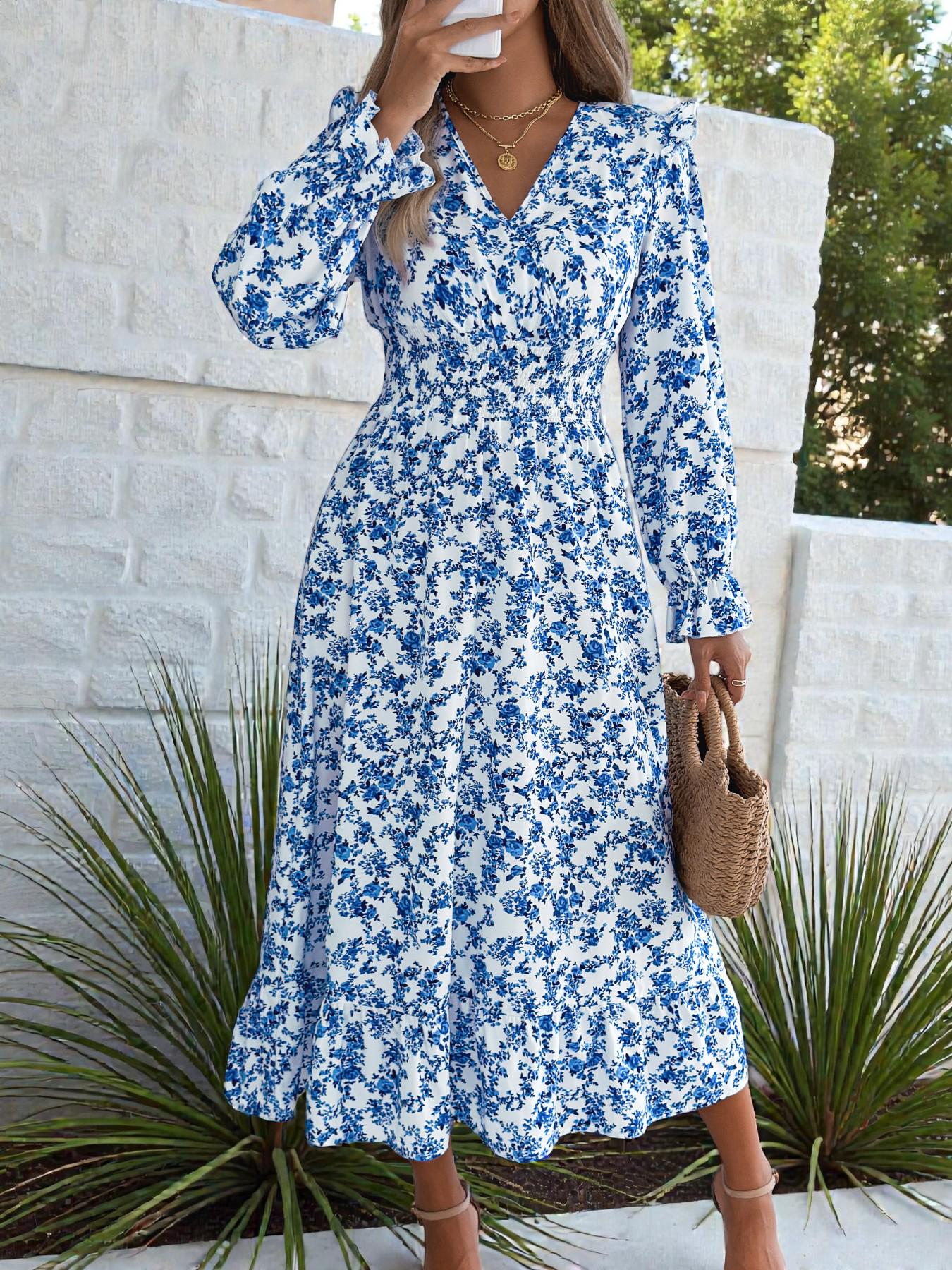 blue and white long sleeve dress Maddie V-Neck neckline that frames the face beautifully. Provence Bloom Long Sleeve Mini