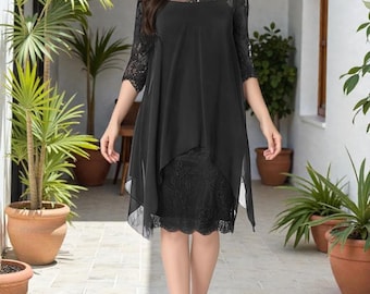 Plus Size fließendes Spitzenchiffon Midikleid | Eleganter Party Overlay