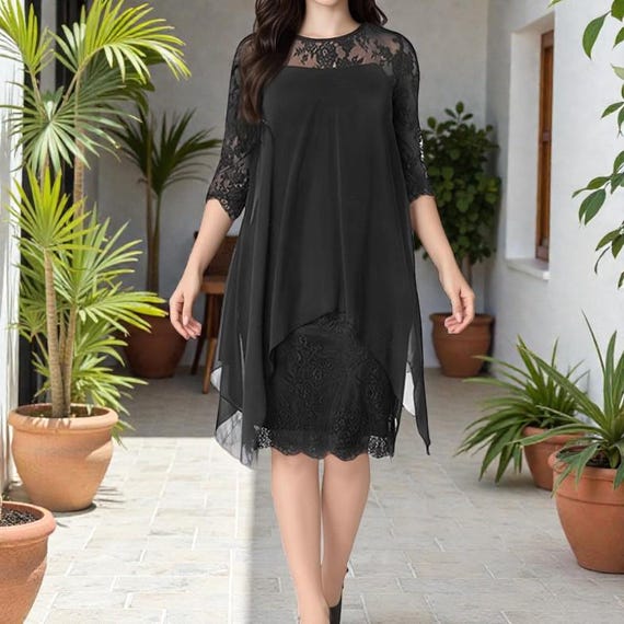 chiffon overlay lace dress Plus Size Flowy Lace Chiffon Midi Dress
