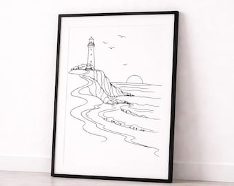 Arte de pared minimalista con faro imprimible / Arte lineal costero con paisaje oceánico / Decoración de playa moderna en blanco y negro / Descarga digital