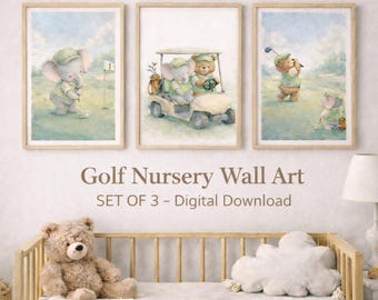 Golf Nursery Wall Art Set of 3 Digital Download, Baby Boy Nursery Prints, Cute Golf Animal Decor
