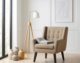 Poltrona d'accento, poltrona trapuntata, lino, stile moderno di metà secolo, seduta da lettura, camera da letto, soggiorno