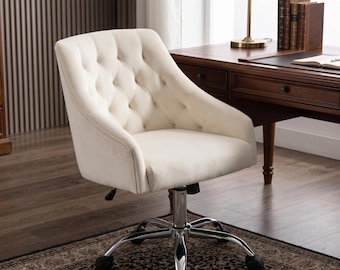 Office Vanity Chair, Velvet Swivel Accent Seat Adjustable Arms Nailhead Trim Ivory White