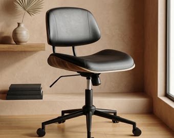 Armloser Bürostuhl aus Walnussholz, Ergonomischer Schreibtischsitz aus Schwarzem PU-Leder