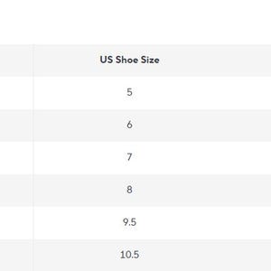 May include: A shoe size conversion chart with US shoe sizes and corresponding foot lengths in inches. The chart includes sizes 5 to 10.5, with foot lengths ranging from 8.86 to 10.83 inches. The chart also includes the shoe size range.