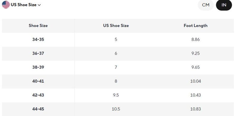 May include: A shoe size conversion chart with US shoe sizes and corresponding foot lengths in inches. The chart includes sizes 5 to 10.5, with foot lengths ranging from 8.86 to 10.83 inches. The chart also includes the shoe size range.