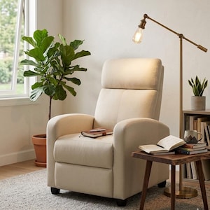 May include: A beige upholstered recliner chair with a high back and curved arms. A small wooden side table holds an open book, a mug, and other books. A brass floor lamp with a vintage-style bulb stands nearby. A potted plant and a bookshelf are also visible.