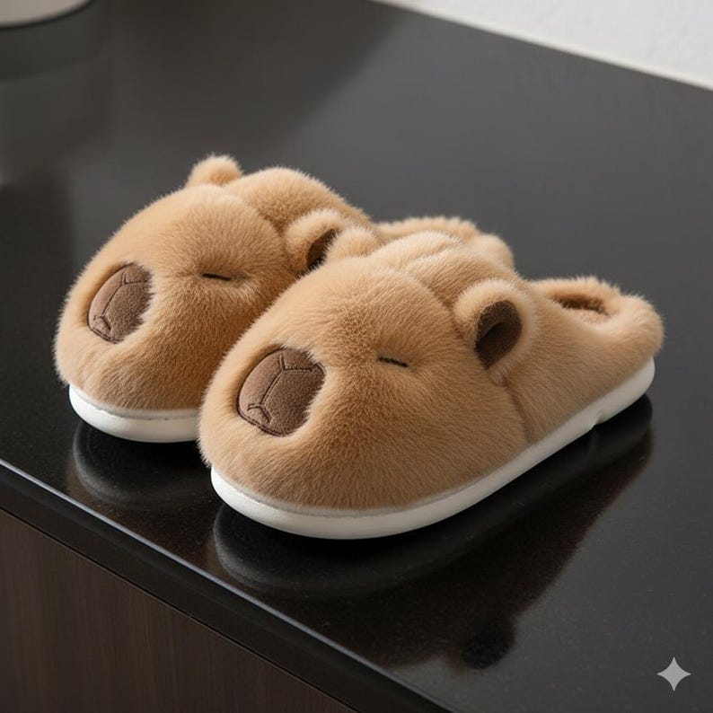 May include: A pair of plush, light brown slippers shaped like capybaras. The slippers have a soft, furry texture, with dark brown accents for the nose, ears, and closed eyes. The soles are white.