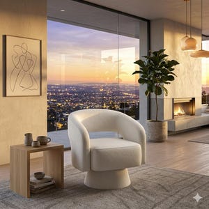 May include: A modern living room with a cream-colored swivel armchair, a wooden side table, and a framed abstract art piece. A large window offers a scenic view of a city at sunset. A fireplace and a potted plant add to the room's ambiance.