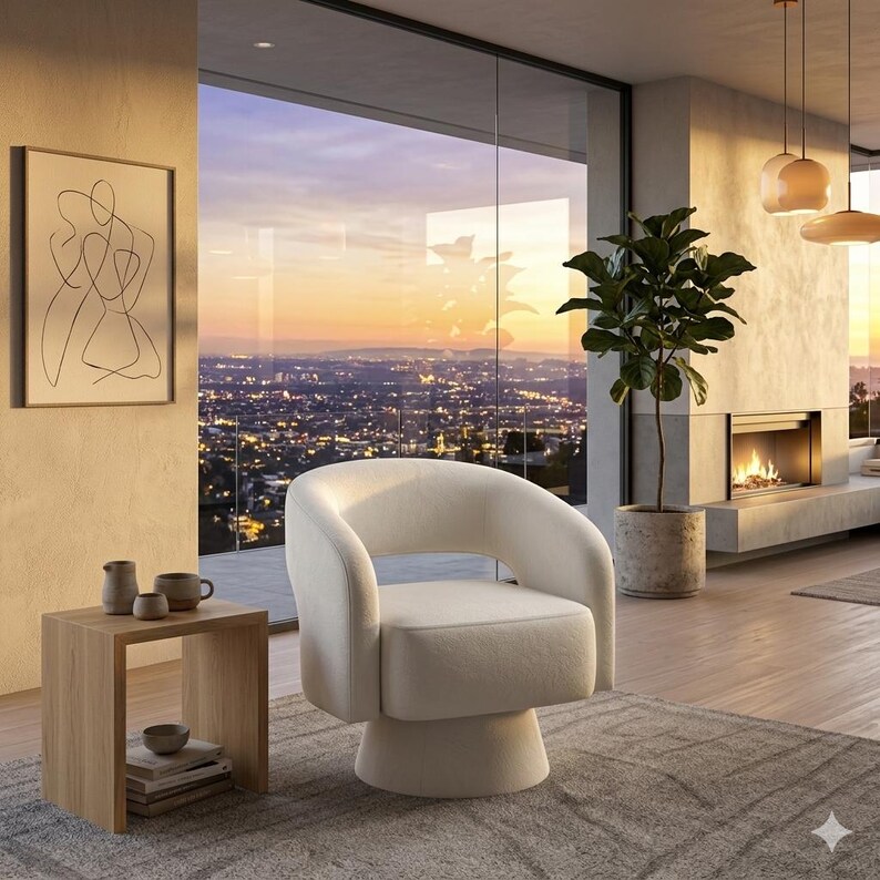 May include: A modern living room with a cream-colored swivel armchair, a wooden side table, and a framed abstract art piece. A large window offers a scenic view of a city at sunset. A fireplace and a potted plant add to the room's ambiance.