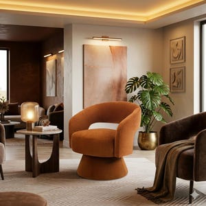 May include: An interior design scene featuring a burnt orange swivel chair, a side table with a lamp, and a potted plant. The room has a neutral color palette with a large abstract painting on the wall.