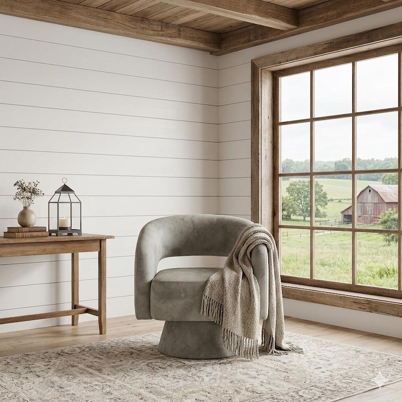May include: A cozy living room scene featuring a gray swivel chair with a fringed throw blanket. A wooden side table holds a vase, books, and a lantern. A large window offers a view of a rural landscape.
