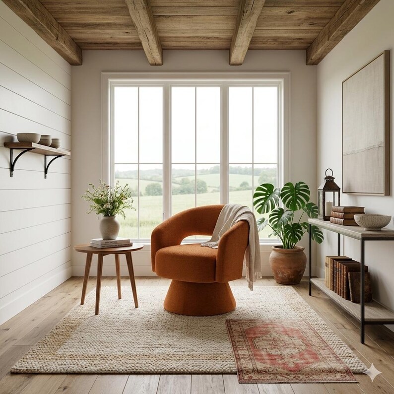 May include: An interior shot of a cozy living space with a rust-colored swivel chair, a small wooden side table, and a large window overlooking a green landscape. A neutral rug and potted plants add warmth to the room.