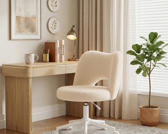 Off-White Teddy Fleece Desk Chair, Adjustable Height Vanity Seating, Small Office Seat