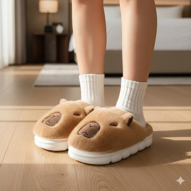 May include: A pair of brown plush slippers shaped like capybaras, with white soles and a textured design. The slippers have a soft, furry texture and are worn with white ribbed socks. The slippers are designed for indoor use.