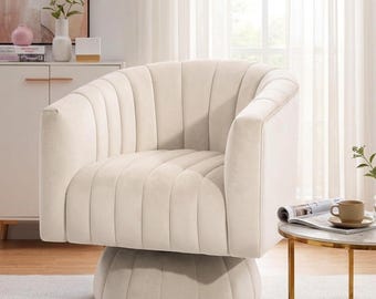 Sillón giratorio auxiliar de terciopelo, asiento de barril de estilo mediados de siglo, reposabrazos capitoné.