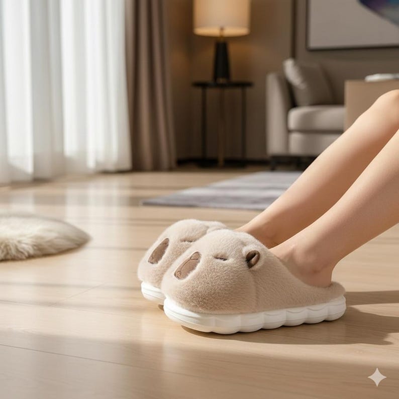 May include: Beige plush slippers with a bear face design. The slippers have a white sole with a textured pattern. The image shows the slippers on a wooden floor.